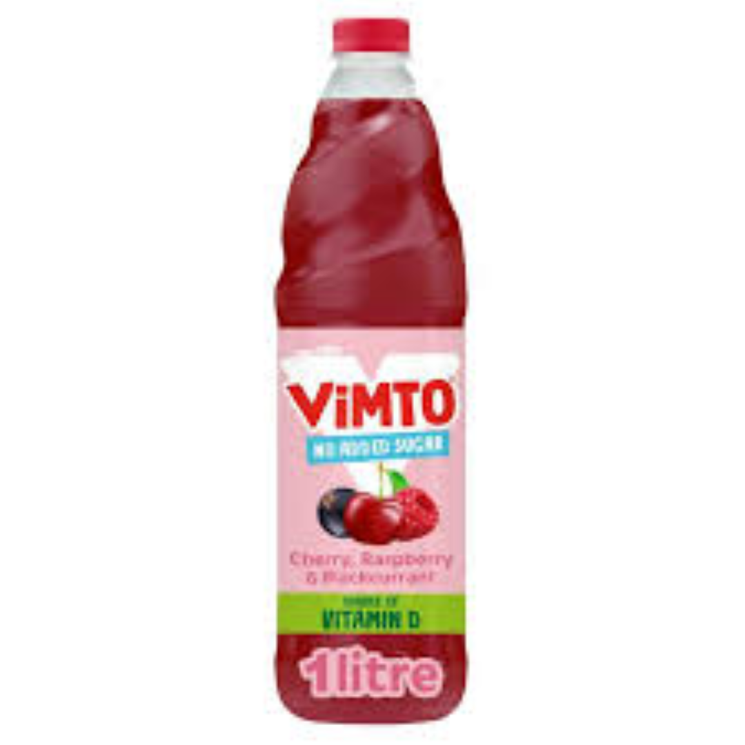 VIMTO REAL FRUIT SQUASH CHERRY,R/BERRY,B/BERRY S/F 1LT